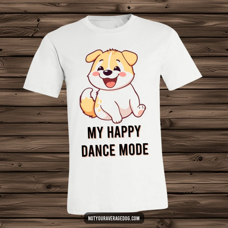 Funny dog’s happy rear end wiggling with excitement on a t-shirt, radiating pure, unadulterated canine delight.