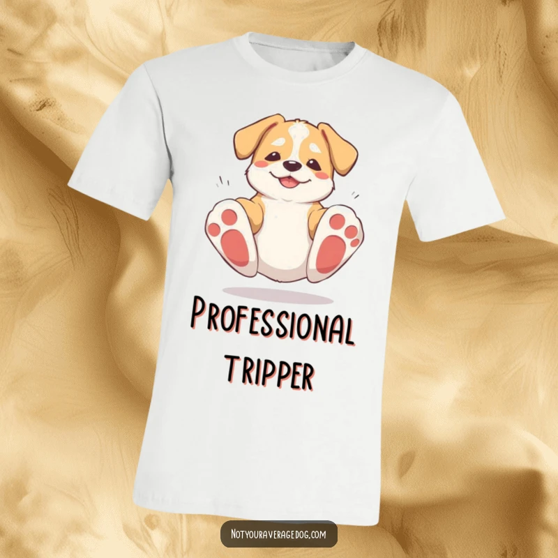 Funny graphic t-shirt of a dog tripping on its big paws, then quickly getting back up, celebrating resilience with humor.