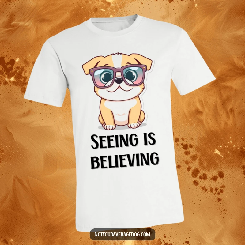 Funny Glasses Dog T-Shirt: A dog wearing oversized, comically shaped glasses, exuding playful intelligence and humor.