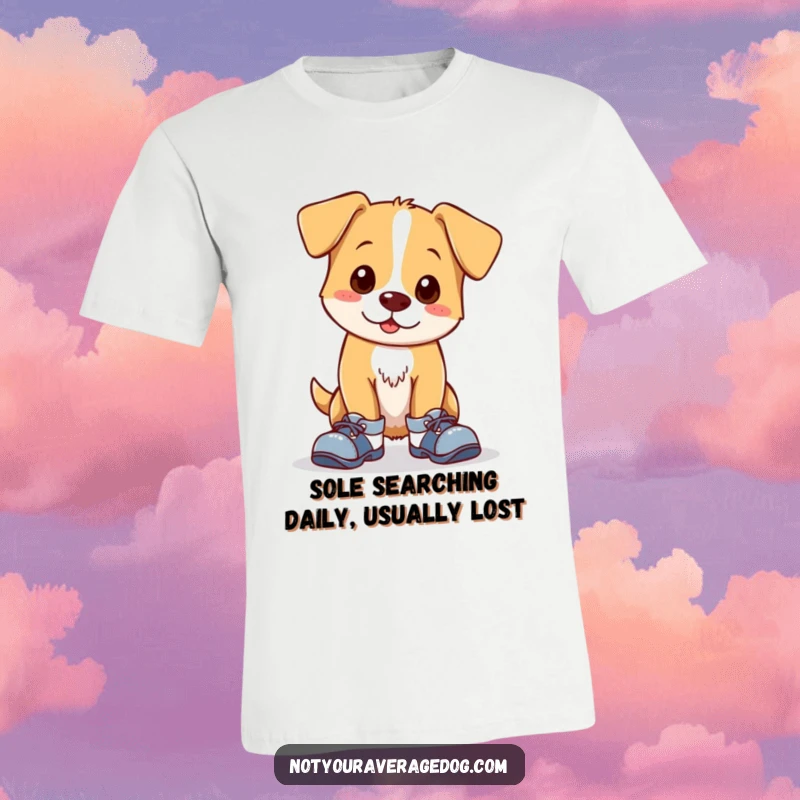 Funny t-shirt showcasing a clumsy dog with mismatched shoes, looking endearingly awkward. Ideal humorous apparel for dog lovers and joke enthusiasts.