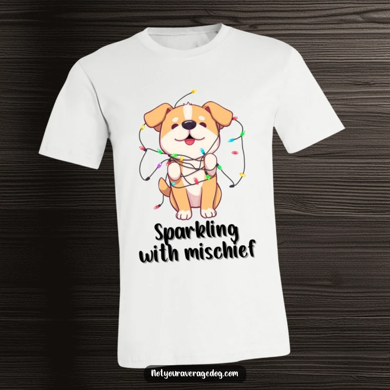 Funny T-Shirt depicting a dog adorably tangled in colorful, playful lights, ideal for festive pet lovers.