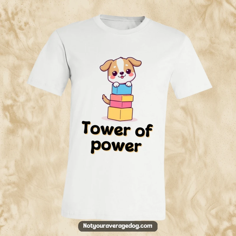 Funny Balancing Dog T-Shirt: A dog precariously balancing a stack of colorful blocks, showcasing concentration and humor.