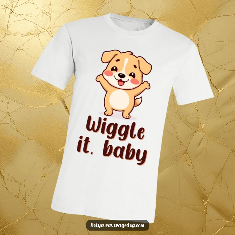 Funny t-shirt featuring a dog with a hilariously wiggly body doing a silly dance.
