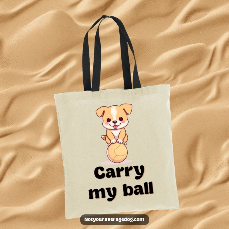 Funny tote bag showing a dog hilariously trying to balance on a small ball, great for shopping.