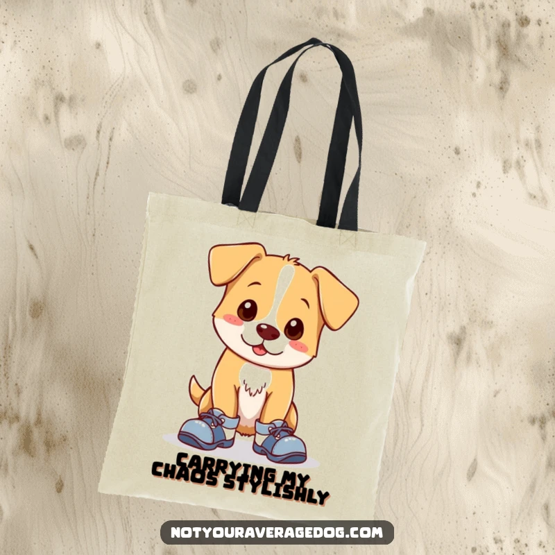 Funny tote bag showcasing a clumsy dog wearing mismatched shoes, exuding adorable awkwardness. A practical and humorous accessory for daily use.