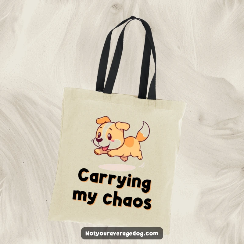 Durable funny tote bag featuring a dog in a comical, dizzying spin chasing its tail.
