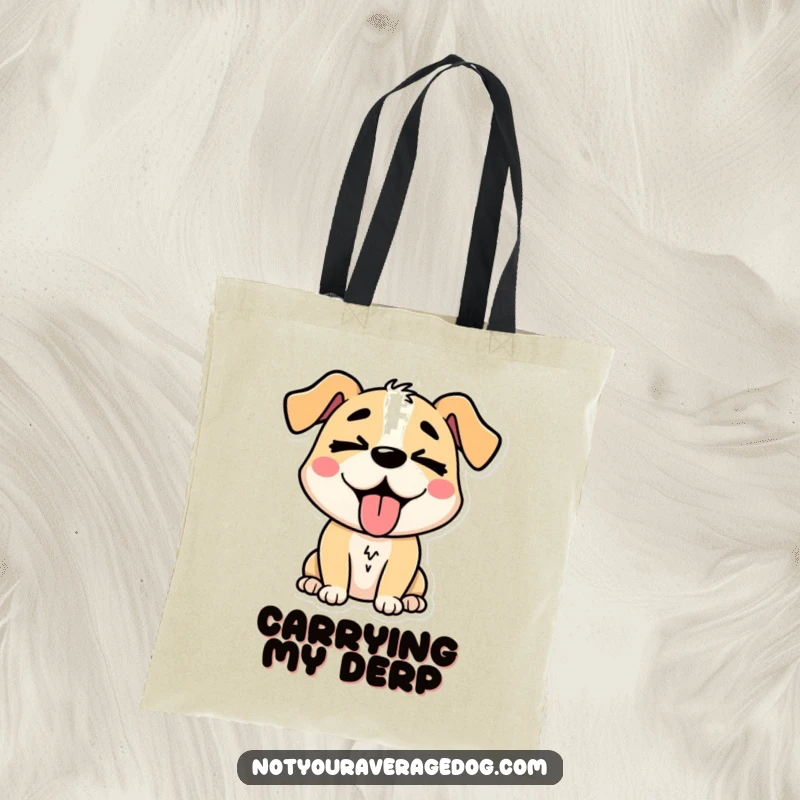 Funny stylized dog character with crossed eyes and tongue out, a sturdy and hilarious tote bag for daily use.
