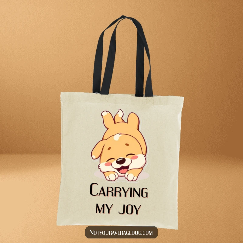 Funny dog tote bag showing a happy dog tumbling head over paws with a joyous expression, perfect for carrying essentials.