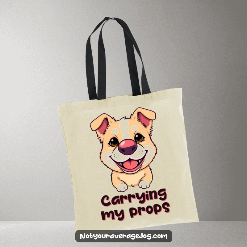 Funny tote bag featuring a dog wearing a clown nose and a silly grin, ideal for carrying groceries with a smile.