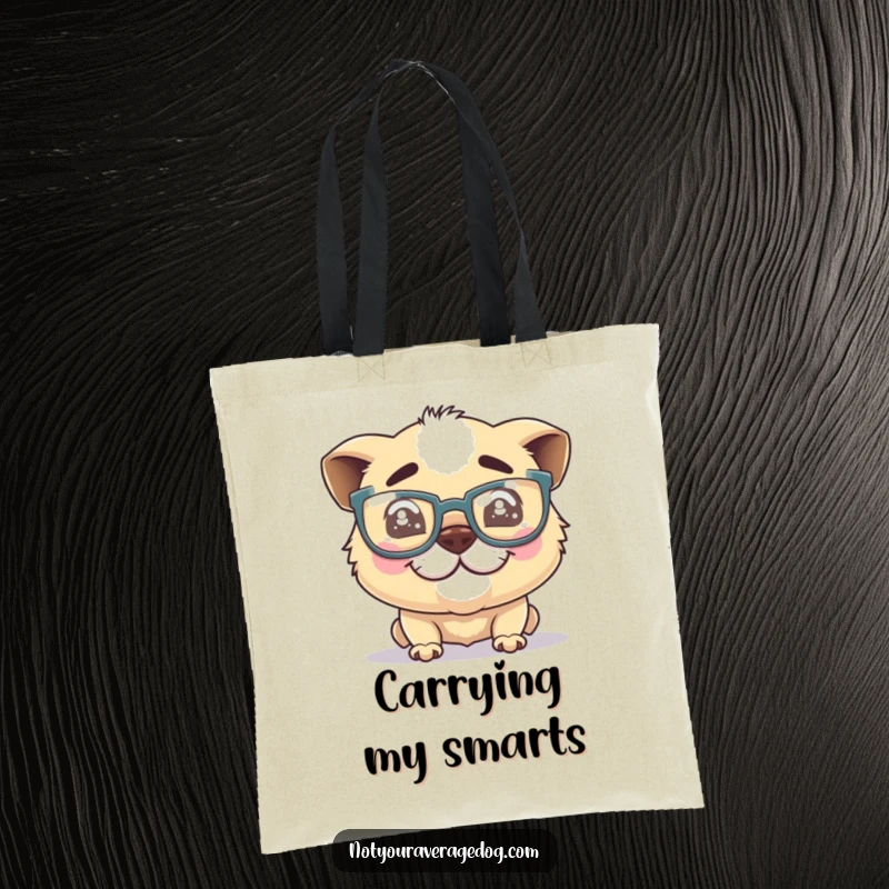 Funny dog glasses tote bag, a silly dog with oversized glasses and a crooked grin, ideal for carrying items humorously.