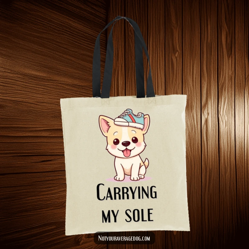 Funny dog wearing a shoe on its head as a hat, printed on a tote bag, a humorous accessory.