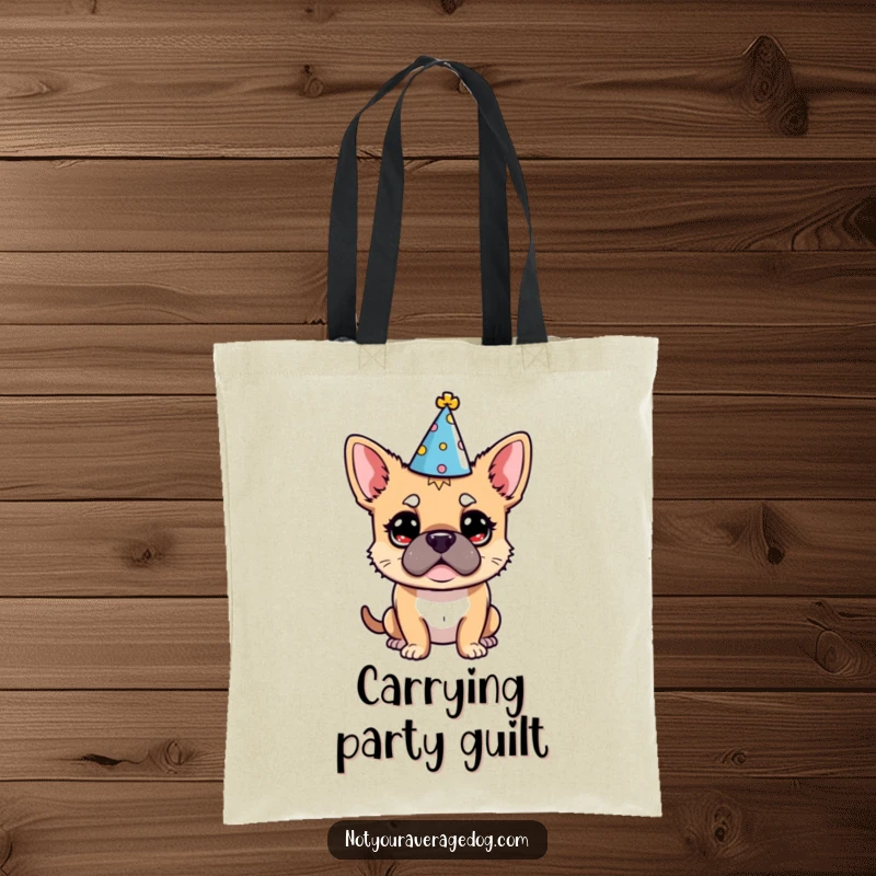Funny Dog Party Hat Tote Bag: A dog wearing a party hat with a look of pure bewilderment.