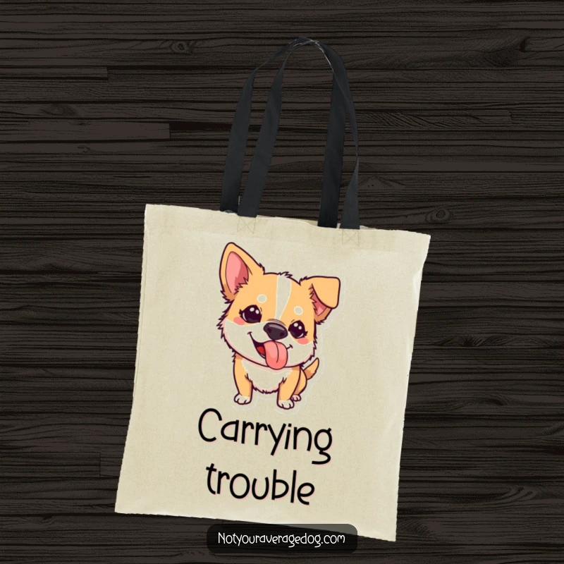 Funny tote bag featuring a dog sticking its tongue out at a quirky angle, symbolizing playful mischief and lighthearted fun.