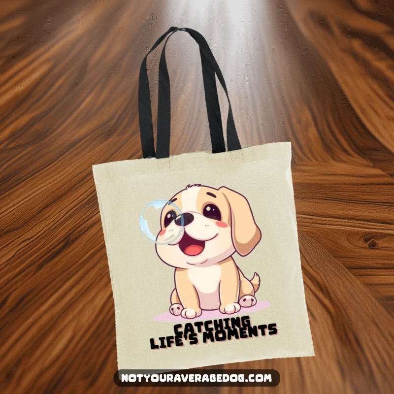 Funny tote bag design of a dog playfully trying to catch a soap bubble with its nose, perfect for carrying items.