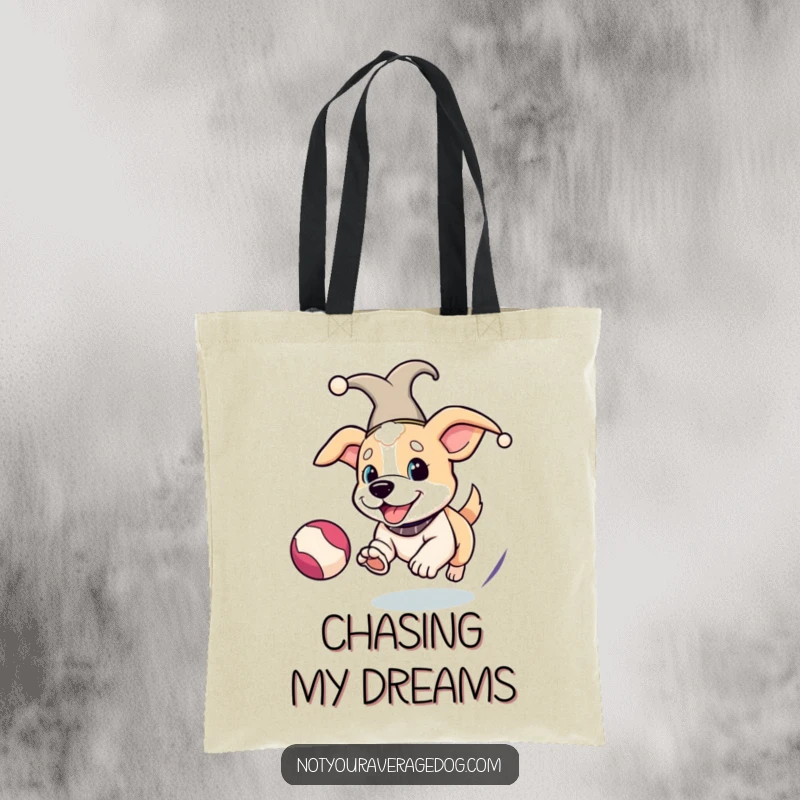 Funny Jester Dog Tote Bag: Dog wearing a jester hat, chasing a colorful ball, showcasing playful energy.
