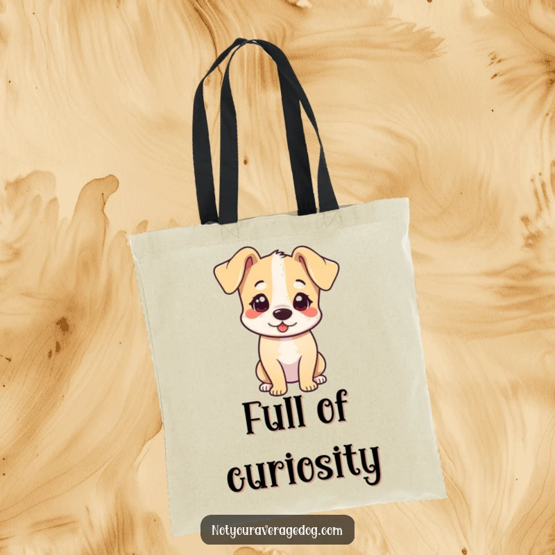 Funny tote bag showcasing a dog with its head tilted adorward and ears flopped adorably.