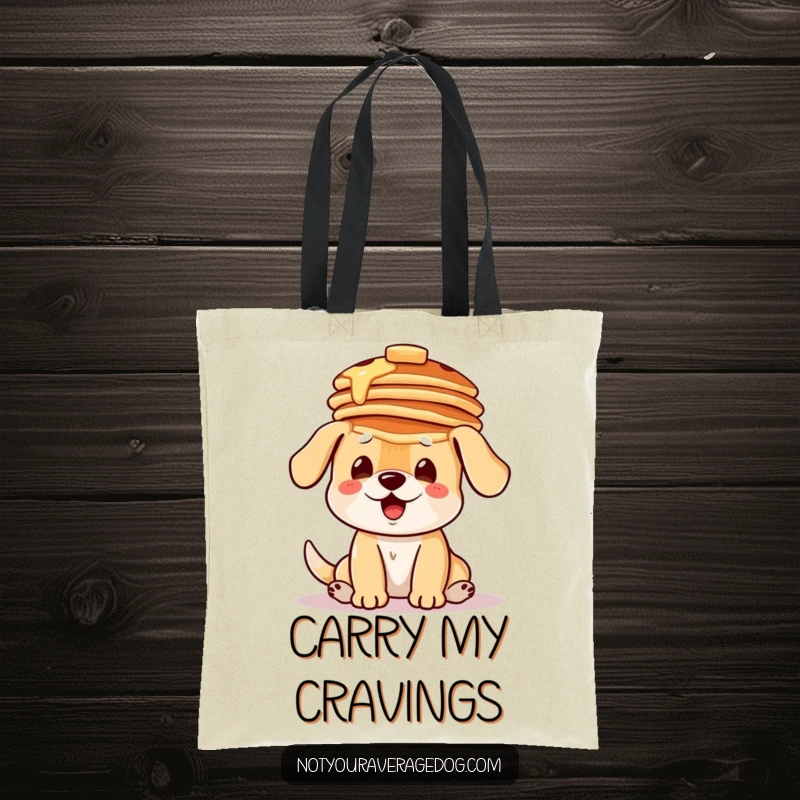 Funny tote bag with a dog hilariously balancing a stack of pancakes on its head, perfect for carrying groceries or brunch.