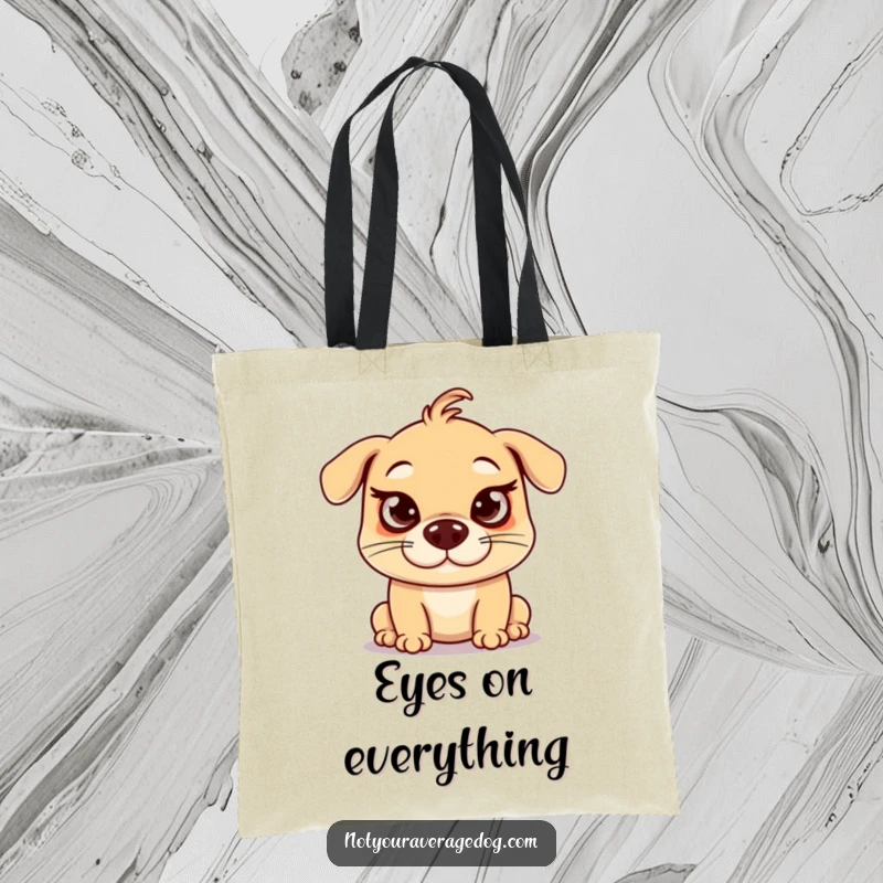 Funny crossed eyes dog tote bag, a silly dog making a funny exaggerated face, eyes crossed, humorous.