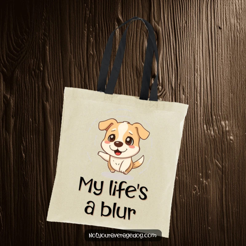 Funny tote bag design of a dazed dog spinning around, capturing a moment of comical disorientation for everyday use.