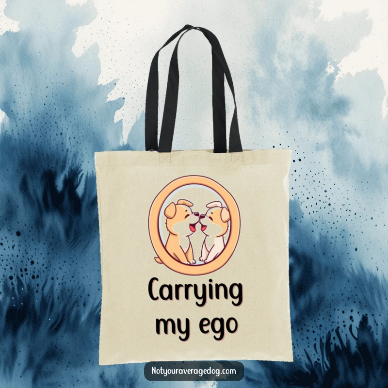 Funny tote bag design of a dog barking at its own distorted reflection, suitable for carrying items with a humorous touch.