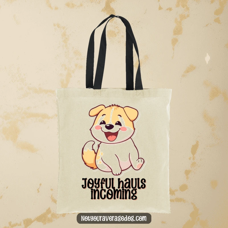 Funny dog's happy, wiggling rear end featured on a tote bag, a vibrant and cheerful accessory for dog lovers.