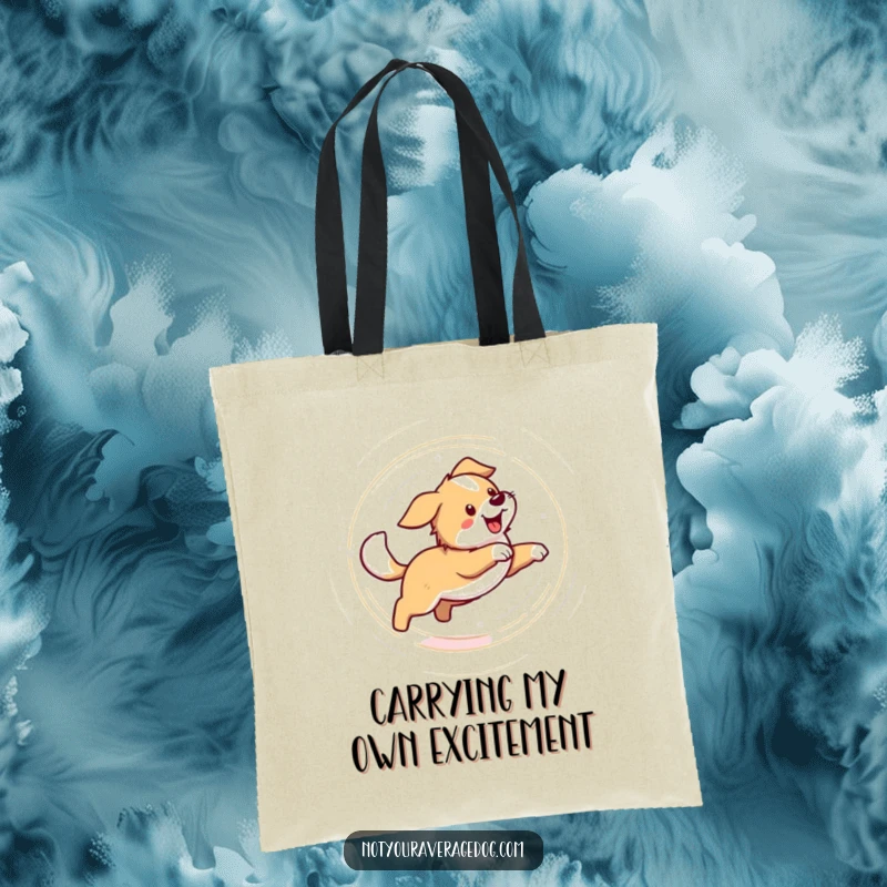 Funny tote bag featuring a dog in a dizzying spin, chasing its tail. A humorous and practical accessory for daily use.