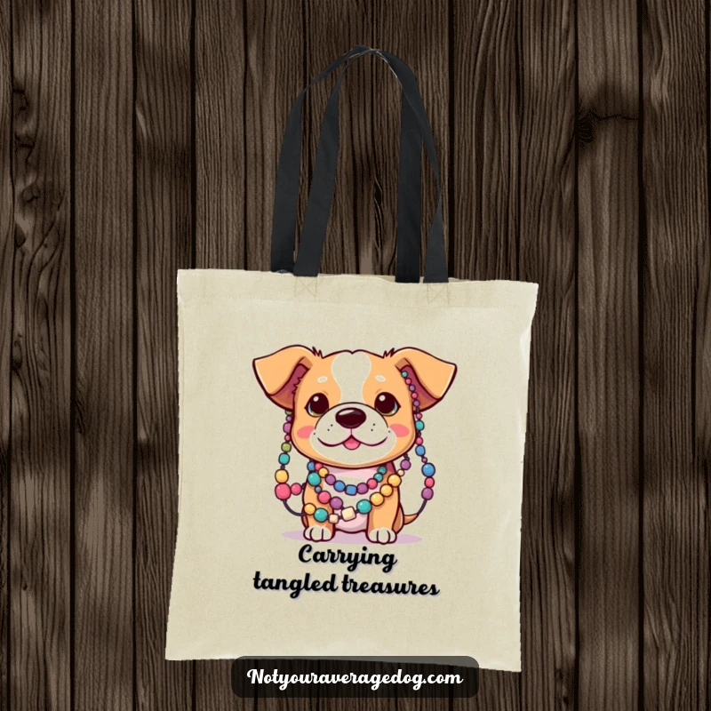 Funny tote bag with a dog’s ears tangled in colorful beads, perfect for carrying items and adding a splash of humor.