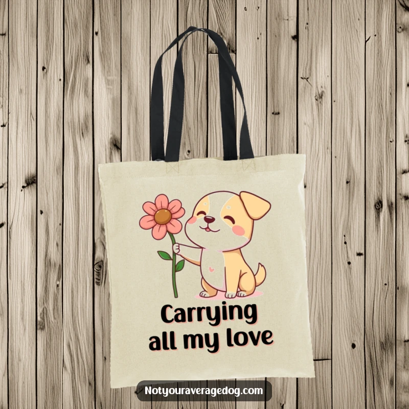 Funny dog presenting a large, slightly squashed flower on a tote bag, a charming accessory for carrying gifts and smiles.