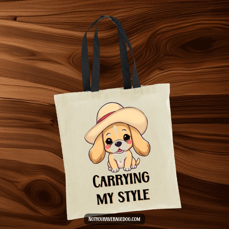 Funny dog in hat tote bag showing a dog with an oversized, floppy hat tilted on its head, ideal for shopping.