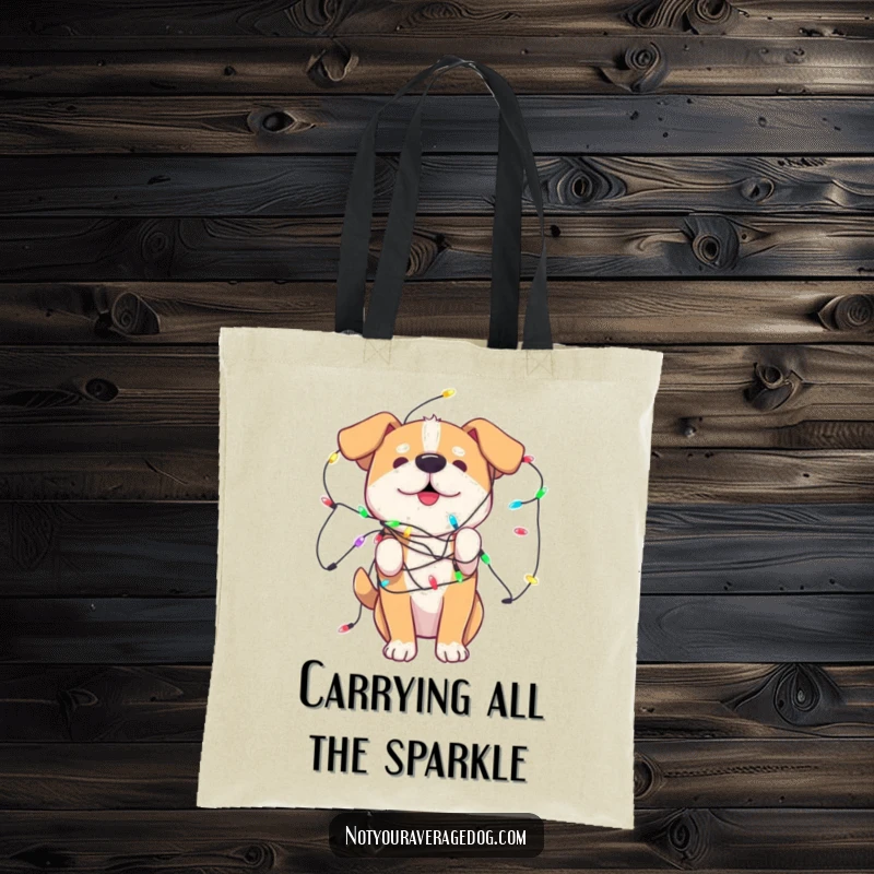 Funny Tote Bag showcasing a dog tangled in playful, colorful lights, ideal for festive shopping and carrying.
