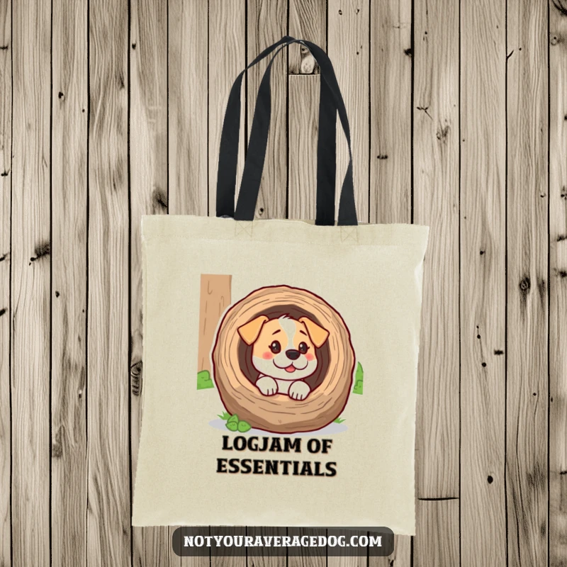 Funny dog with its head inside a wooden log on a tote bag, a comical scene of exploration gone slightly wrong.