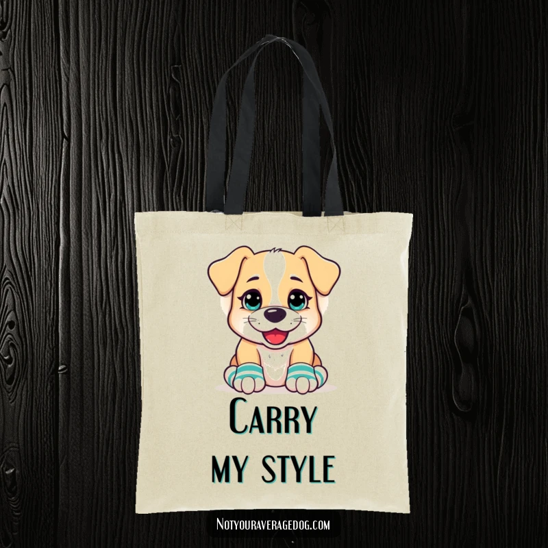Funny Dog Tote Bag with a goofy grin, wearing mismatched socks on its front paws, ready to carry groceries with immense comedic flair.