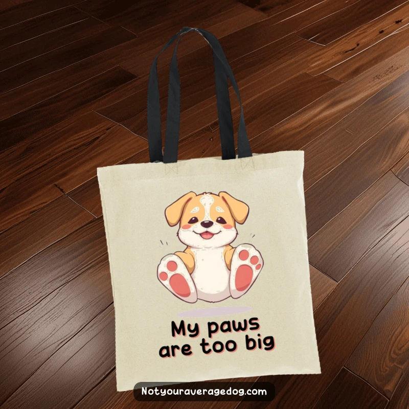 Funny tote bag design of a dog tripping over its large paws and getting up, symbolizing resilience and humor for shoppers.
