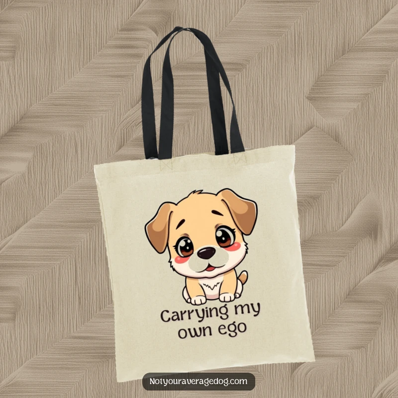 Funny tote bag depicting a dog with a bewildered expression looking at its reflection, exuding comical confusion.