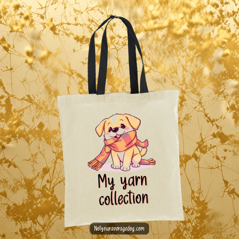 Funny Dog Tote Bag featuring a dog playfully tangled in a very long, colorful scarf, ready to carry essentials with comedic charm and flair.