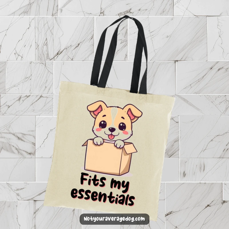 Funny tote bag with a dog’s head humorously emerging from a comically tiny box, perfect for carrying essentials with amusement.