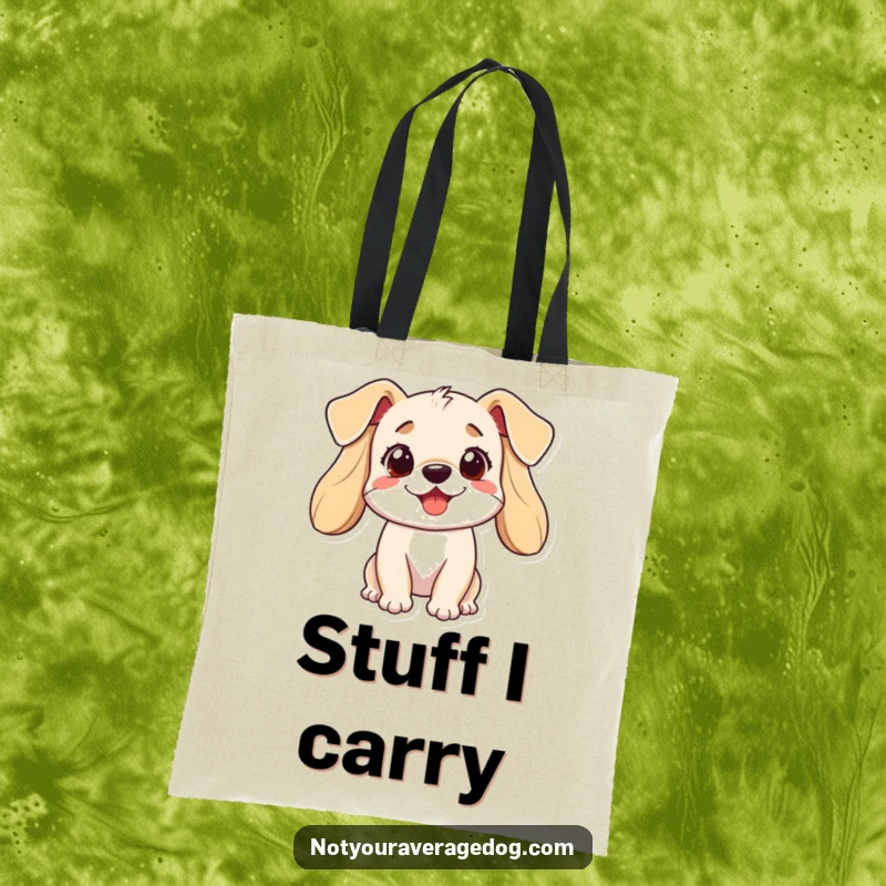 Funny dog tote bag illustrating a cheerful dog whose floppy ears are in constant playful motion, a whimsical accessory.