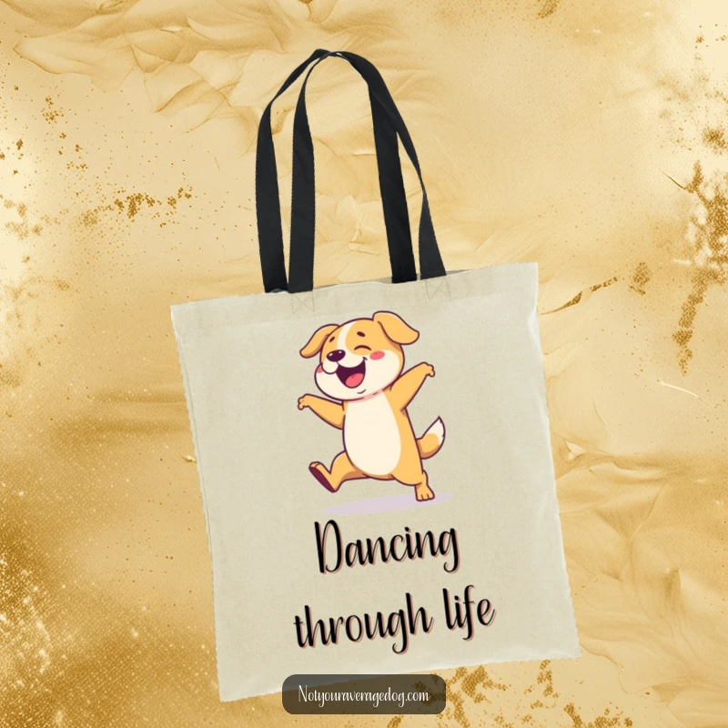 Funny tote bag with a dog performing a wildly exaggerated and clumsy dance, showcasing its joyful spirit.