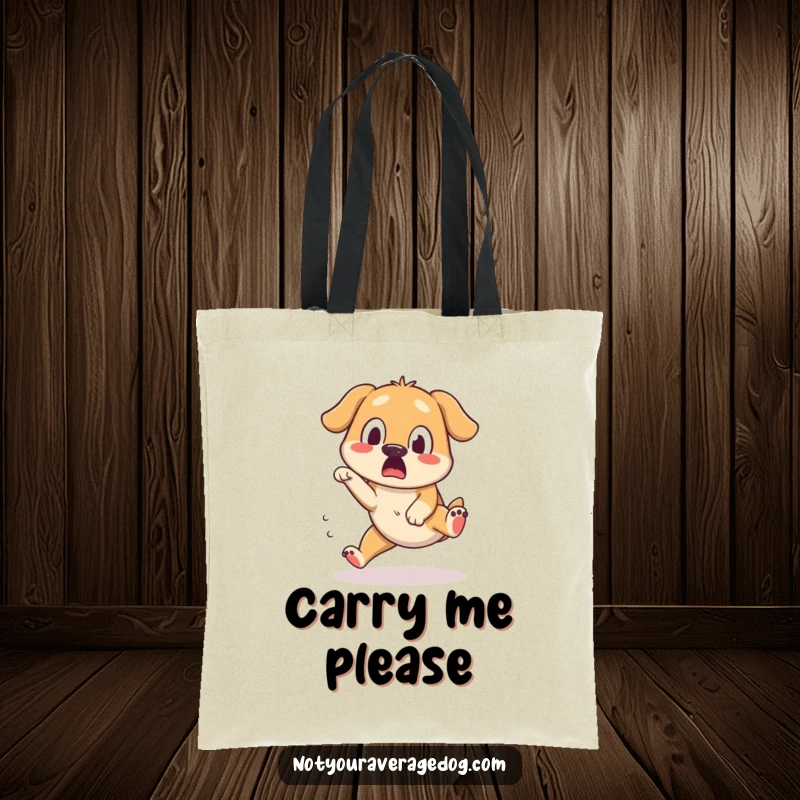 Funny tote bag with a dog tripping over its feet, captured with a surprised and silly expression.