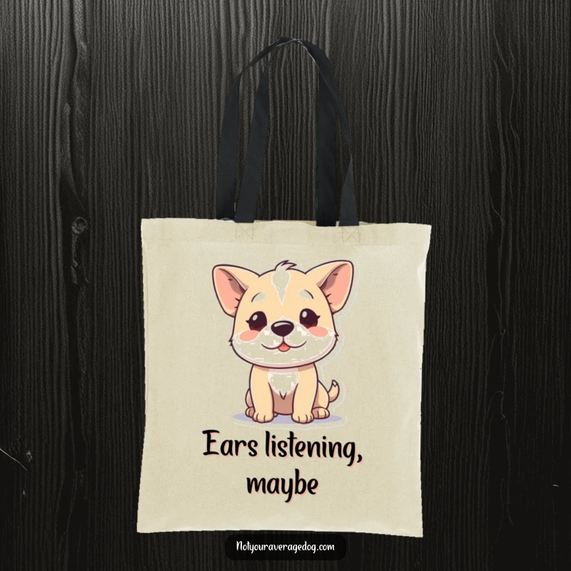 Funny tote bag illustrating a dog character wiggling its ears independently, a delightful accessory for everyday use.