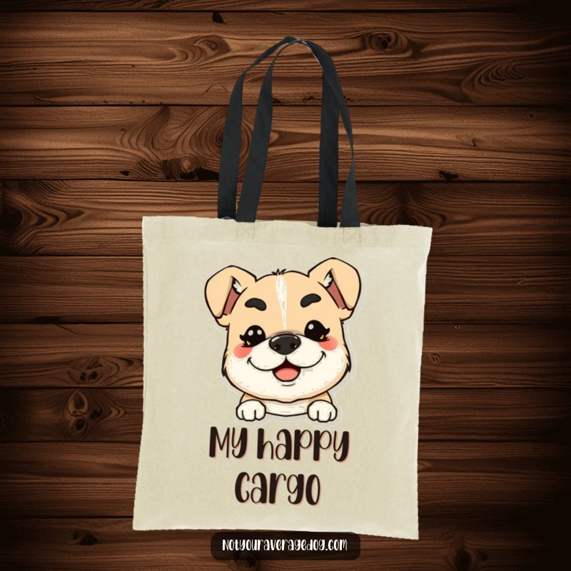 Funny tote bag showing a dog with exaggerated, squiggly eyebrows and a wide smile, great for carrying.