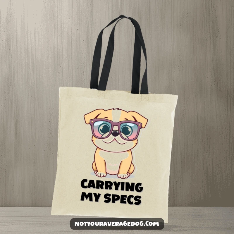 Funny Glasses Dog Tote Bag: Dog wearing oversized, comical glasses, showcasing a trendy and humorous look.