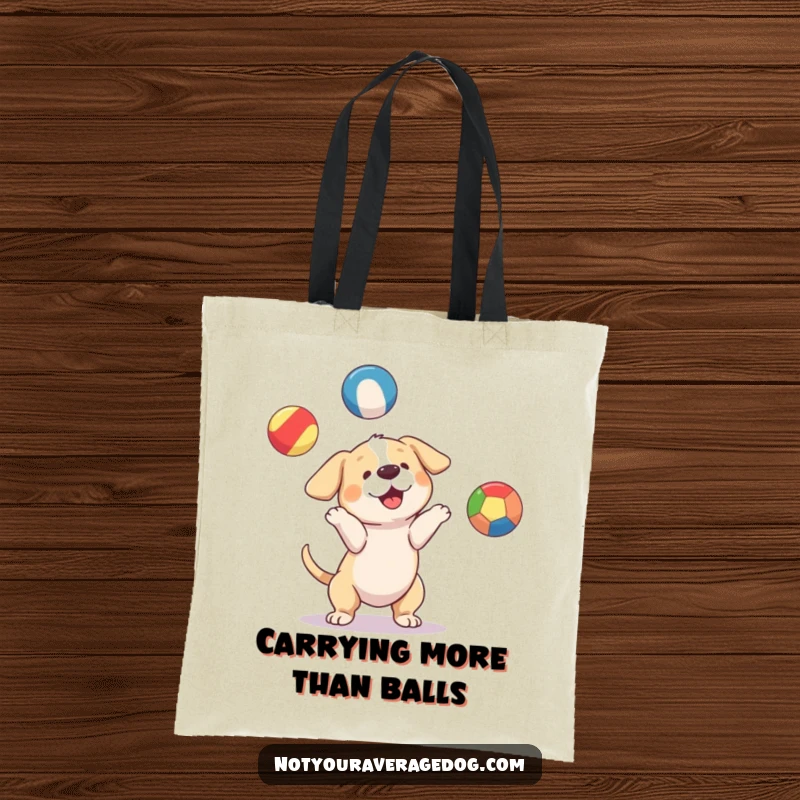 Funny dog attempting to juggle three mismatched, brightly colored balls, a sturdy and hilarious tote bag for everyday use.