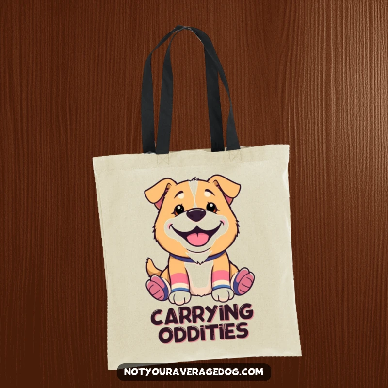 Funny tote bag featuring a dog wearing mismatched socks and a silly grin, ideal for carrying essentials with a cheerful vibe.