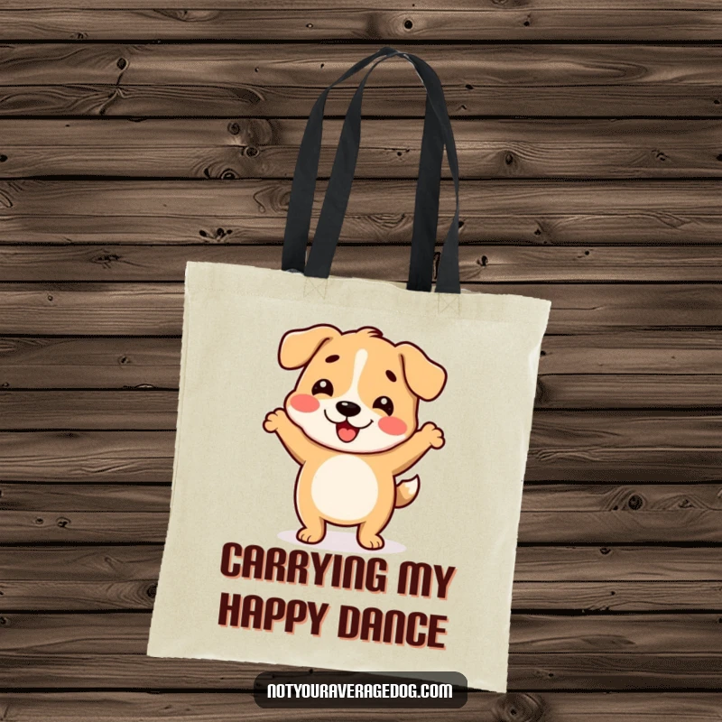 Funny tote bag showcasing a dog with a wiggly body doing a comical wiggle dance.