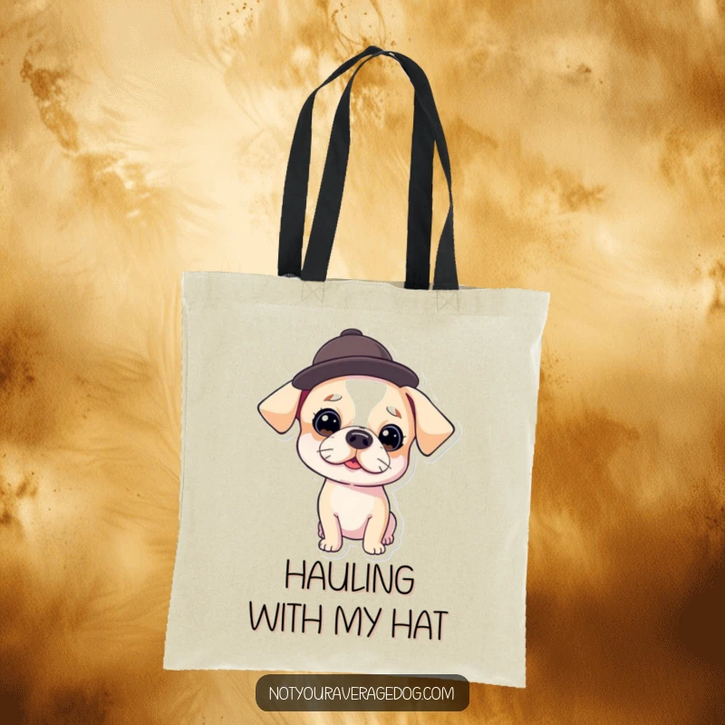 Funny Tote Bag featuring a dog sporting a hat tilted at a comical angle, exuding a whimsical and charmingly eccentric vibe.