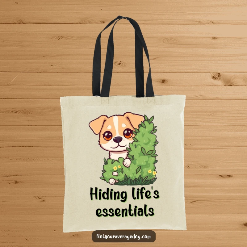 Funny Tote Bag showcasing a dog with exaggerated googly eyes peeking from behind a bush, evoking a sense of playful exploration and humor.