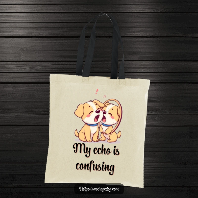 Funny tote bag illustrating a dog's confused reaction to barking at its reflection, a whimsical accessory for daily use.
