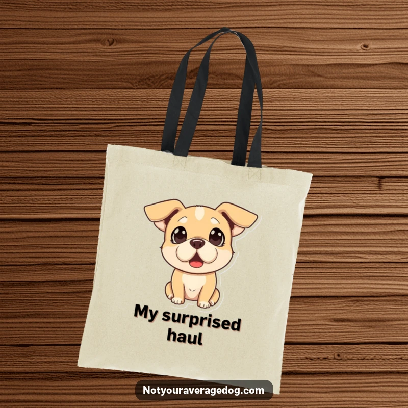 Funny tote bag depicting a dog with a comically surprised expression and floppy ears, ideal for everyday use with humor.